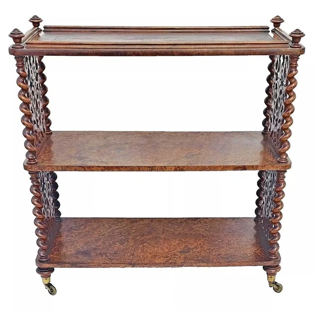 Victorian 1840s Burl Walnut Three-Tier Display Shelf Stand With Tooled Leather Top For Sale - Image 4 of 12