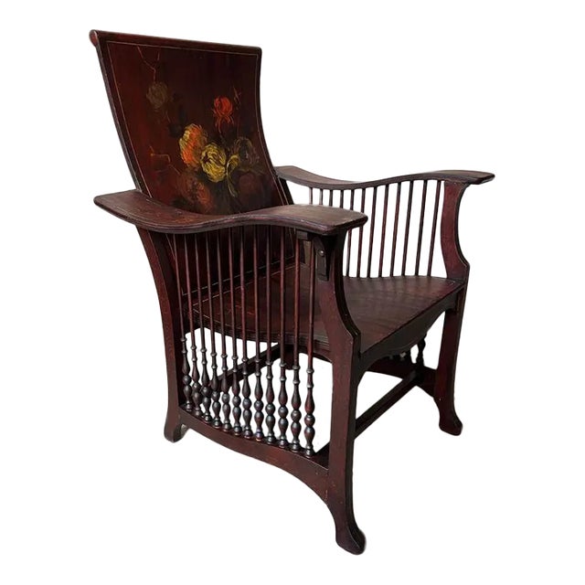 Antique American Empire Style Bentwood & Spindle Floral Hand Painted Back Library Armchair For Sale