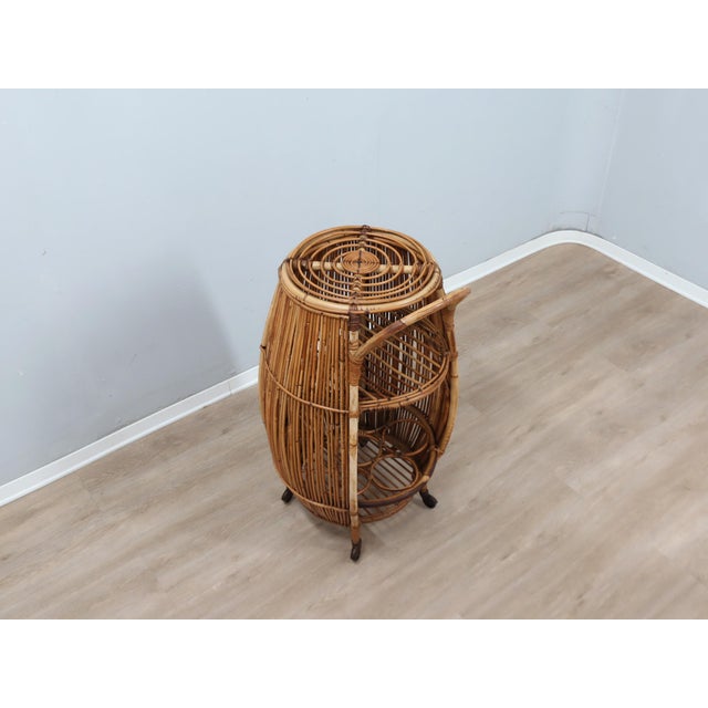 Vintage Italian Rattan Barrel Bar Cart, 1960s For Sale - Image 4 of 12