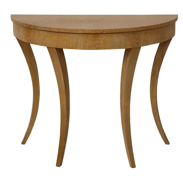 Bespoke Cerused Oak Bobo Demilune Console on Splayed Tapered Legs For Sale - Image 12 of 12