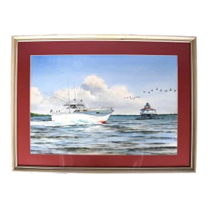 Motorboat Off Eastern Shore Maryland W/ Geese in Flight 1968 Watercolor by John Moll