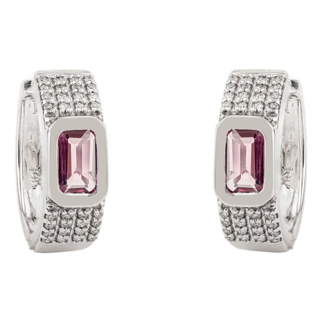 Chunky 14k White Gold Pink Sapphire & Diamond Statement Hoop Earrings- 2 Pieces For Sale