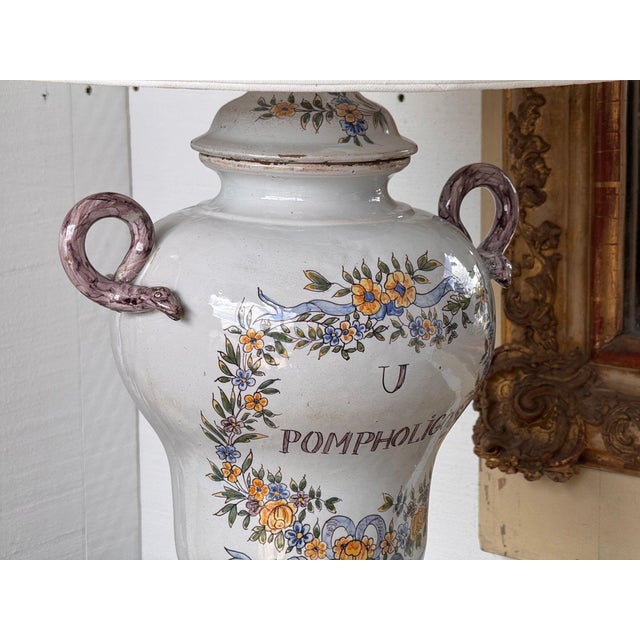 Late 20th Century Late 20th Century French Faience Lamp With Floral Wreath and Serpent Handles For Sale - Image 5 of 9