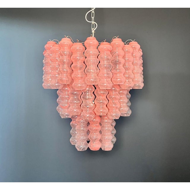 Italian vintage chandelier in Murano glass and nickel-plated metal structure. The armor polished nickel supports 48 large...