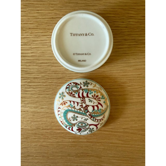 Chinoiserie Tiffany & Co. Porcelain Snake Trinket Box, Teal, Red & Gold For Sale - Image 3 of 6