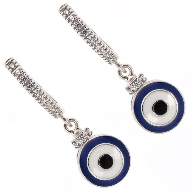 Early 21st Century Blue Enamel Sterling Silver Diamond Hoop Evil Eye Earrings, A Pair For Sale - Image 5 of 6