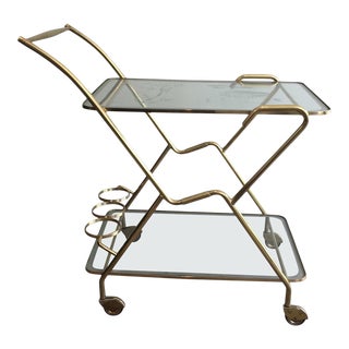 Interesting Italian Design Brass and Engraved Glass Drinks Trolley, circa 1950 For Sale