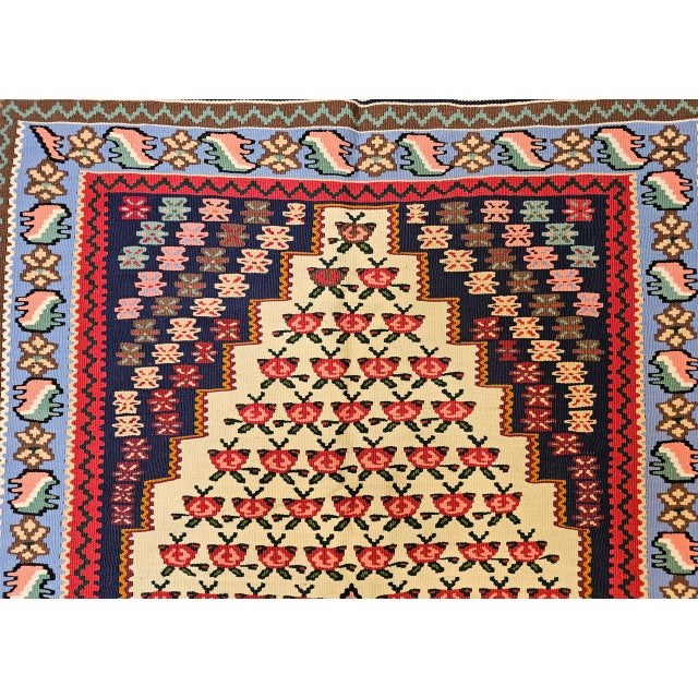 Ivory Vintage Persian Senneh Kilim Area Rug, Handwoven Wool, Floral Pattern, Ivory & Blue, 3x6 For Sale - Image 8 of 15