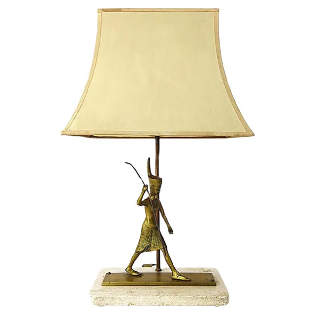 Vintage Neoclassical Marble Foot Table Lamp with Egyptian Warrior For Sale