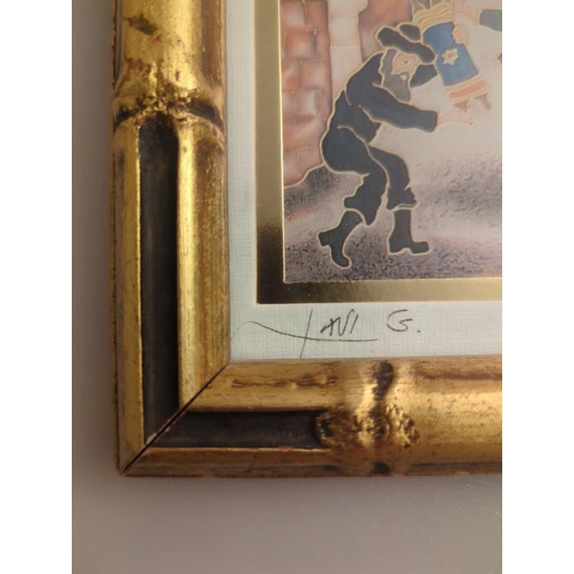 Folk Art Late 20th Century Painting on Silk Signed by Lavi Zion "Simhat Torah Dancing Hassidim" 8.25"x6.25" For Sale - Image 3 of 17