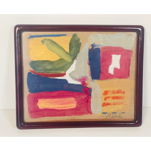 Original abstract art painting acrylic on brown paper, signed and framed in antique slightly distressed frame.
