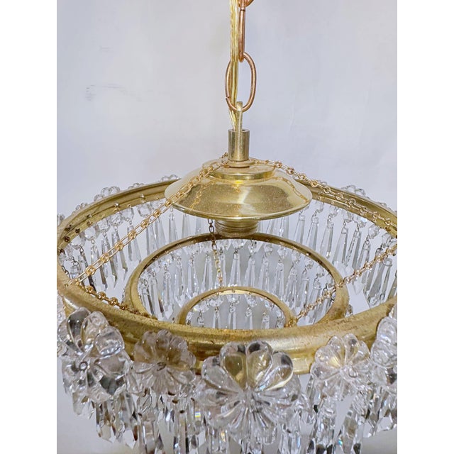 Vintage Brass and Glass Rosette Rim and Crystal Prism Chandelier For Sale In New York - Image 6 of 12