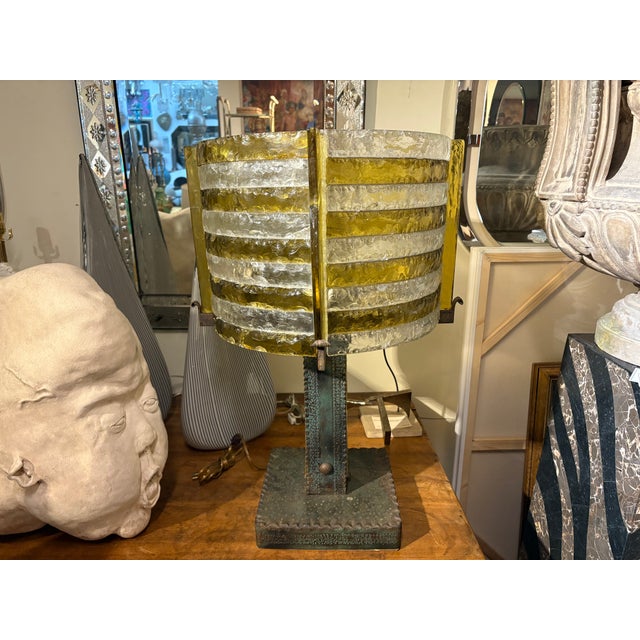 Longobard 1970s Italian Brutalist Iron and Glass Lamp by Longobard. For Sale - Image 4 of 15