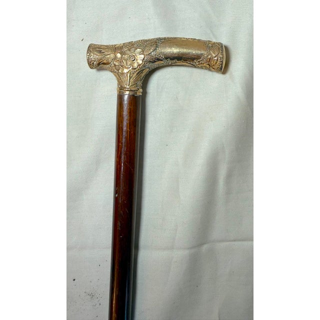 19th Century Antique 19th Century Victorian Chased Yellow Gold Filled Wood Walking Stick Cane For Sale - Image 5 of 13