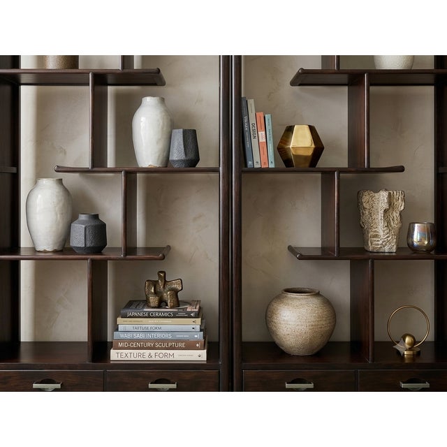 Pair Asian Inspired Asymmetrical Dark Brown Shelving Display Cabinet Divider For Sale - Image 9 of 14