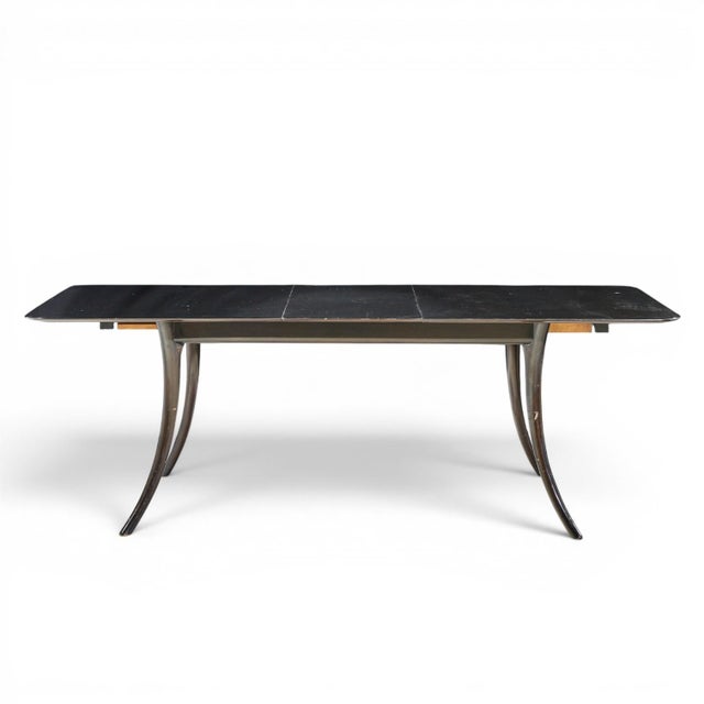 Robsjohn Gibbings for Widdicomb Mid Century Ebonized Expanding Saber Leg Dining Table With 2 Leaves For Sale - Image 10 of 13