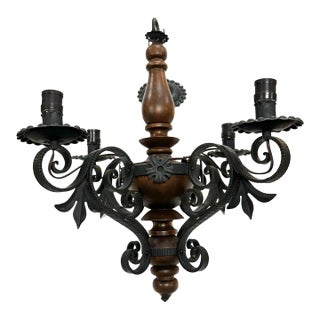 Vintage Chandelier, Spanish Revival, Custom Made, Wrought Iron / Wood For Sale