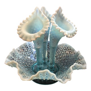 Fenton Blue Opalescent Diamond Lace Epergne Vase For Sale
