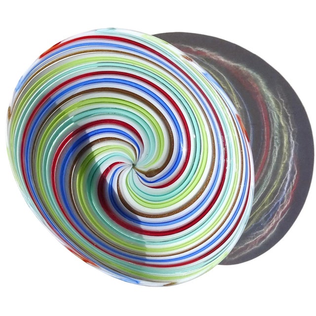 Beautiful vintage Murano hand blown red, pink and blue ribbons Italian art glass dish. Attributed to designer Dino Martens...