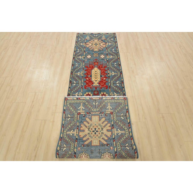 Kazak Runner 2’7” X 9’9” Blue Wool Tribal Hand-Knotted Oriental Rug For Sale - Image 12 of 13