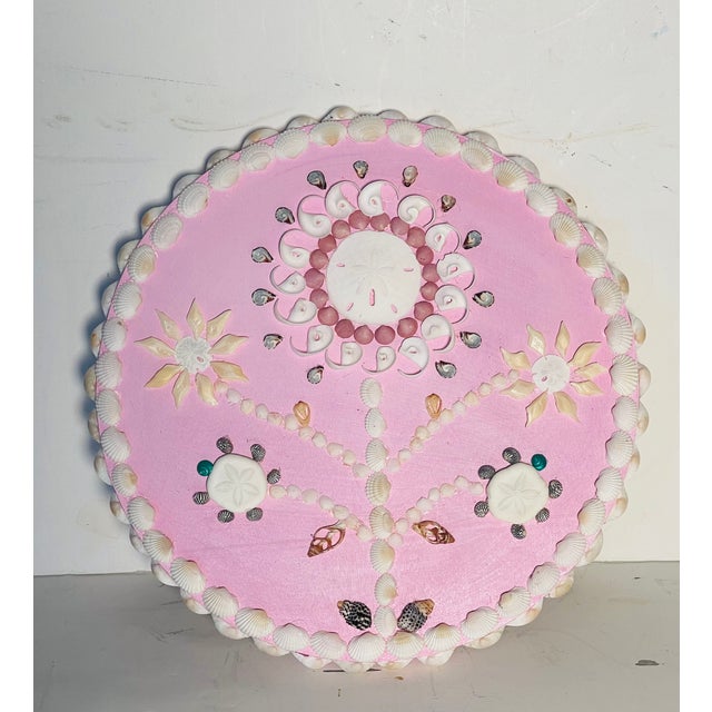Unique shell art Pink Rose - on wood , - round wall plaque designed by Elia.