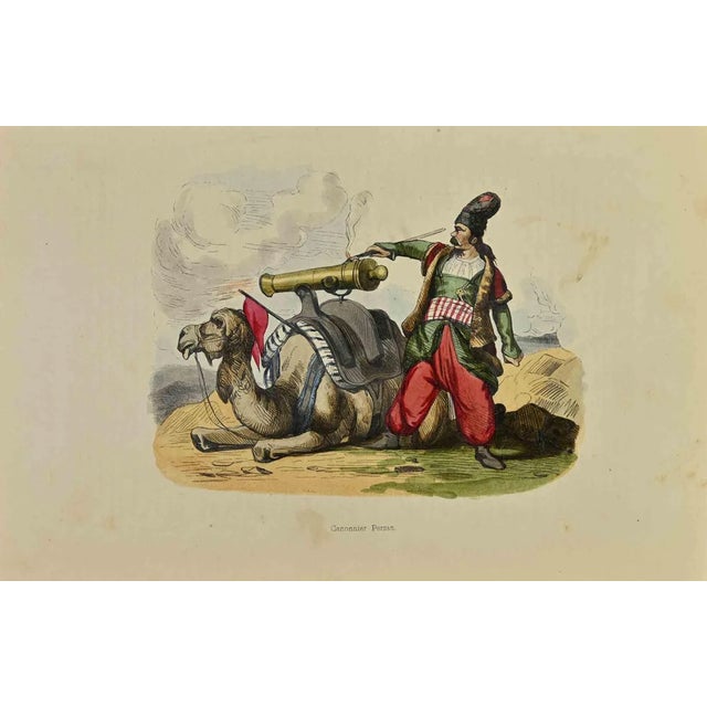 Persian Gunner is a lithograph made by Auguste Wahlen in 1844. Hand colored. Good condition. At the center of the artwork...
