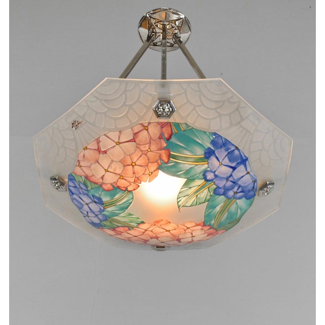 Loys Lucha French Art Deco Pendant Light 1930s - Octagonal Pink Blue Hydrangea Shade For Sale - Image 4 of 12