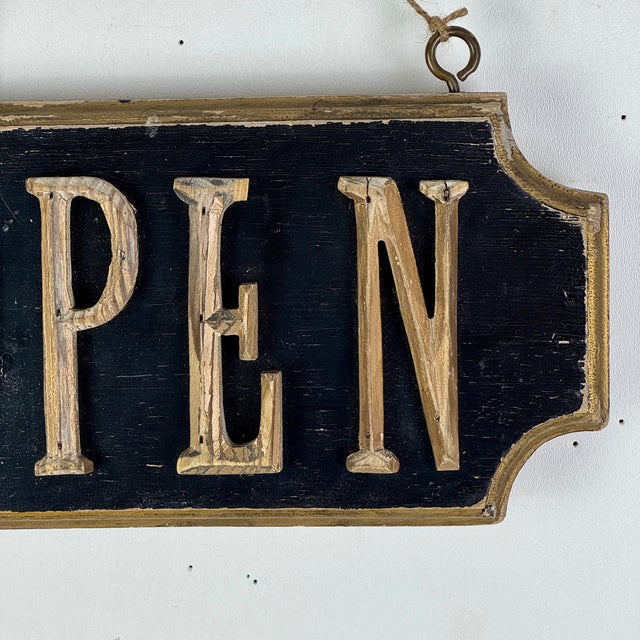 Black Small Vintage "Open" Double Sided Wood Sign With Scalloped Edges & Raised Letters For Sale - Image 8 of 9