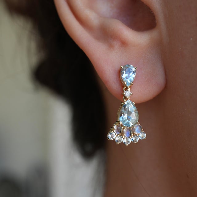 Nina Zhou Jewelry Nina Zhou Aquamarine Moonstone Diamond Earrings in 14k Yellow Gold - a Pair For Sale - Image 4 of 7