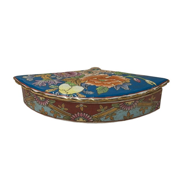 Asian Vintage Blue Big Flowers Graphic Fan Shape Porcelain Trinket Box For Sale - Image 3 of 9