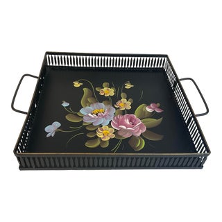 1950s Hand Painted Tole Metal Tray With Floral Bouquet/ For Sale