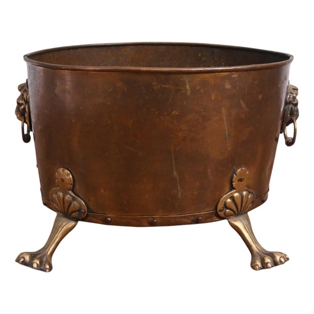 Antique Copper Log Bin in Brass For Sale
