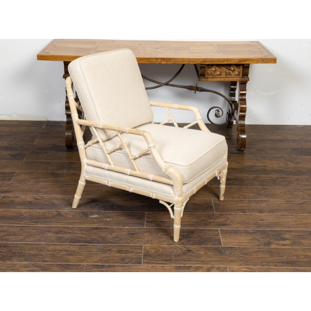 Mid 20th Century English Midcentury Bleached Faux Bamboo Lounge Chair with Upholstery For Sale - Image 5 of 11