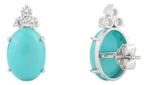 Vintage-Style Turquoise Cabochon and Cubic Zircon Trio Stud Earrings- A Pair