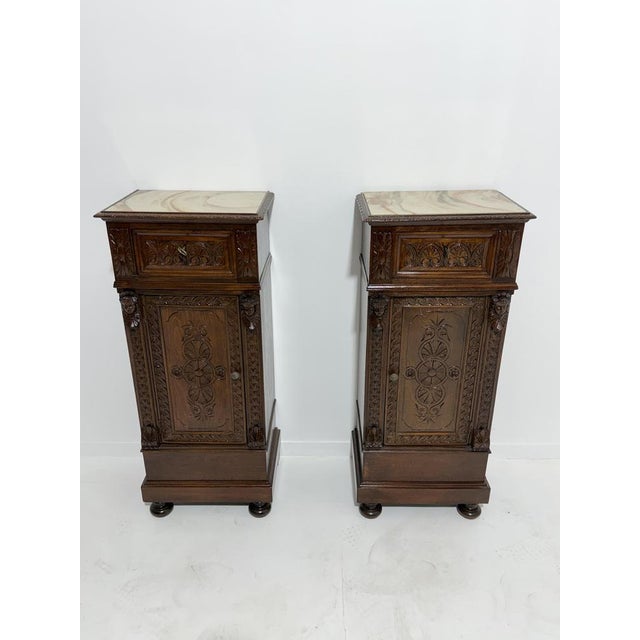 Sicilian Hand-Carved Bedside Tables with Marble Tops, 1940, Set of 2 For Sale - Image 12 of 18