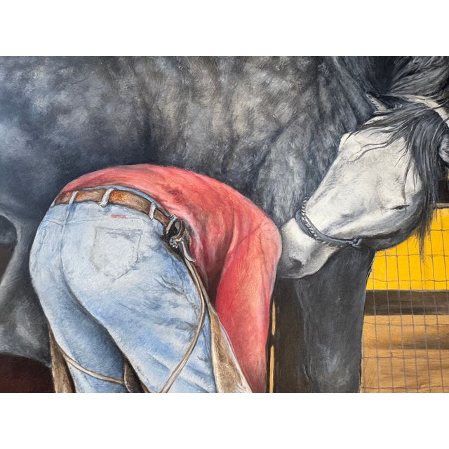 Original oil on wood panel by Jan Gordon Brown titled "New Shoes for Ollie," completed in 2014. The painting depicts an...