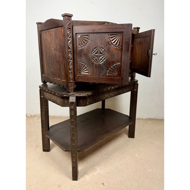 Spanish Carved Oak Bargueño on Stand, 1930 For Sale - Image 10 of 12