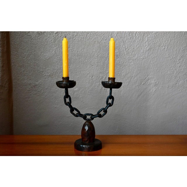 Brutalist Double Candelabra in Carved Wood and Wrought Iron, 1960s For Sale - Image 3 of 10