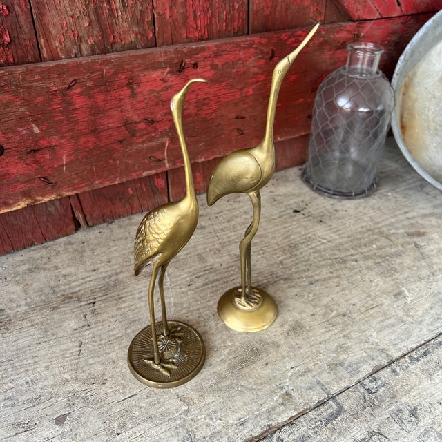 Metal Vintage Brass Crane Bird Statues Elegant Mid Century Decorative Sculpture Pair For Sale - Image 7 of 14