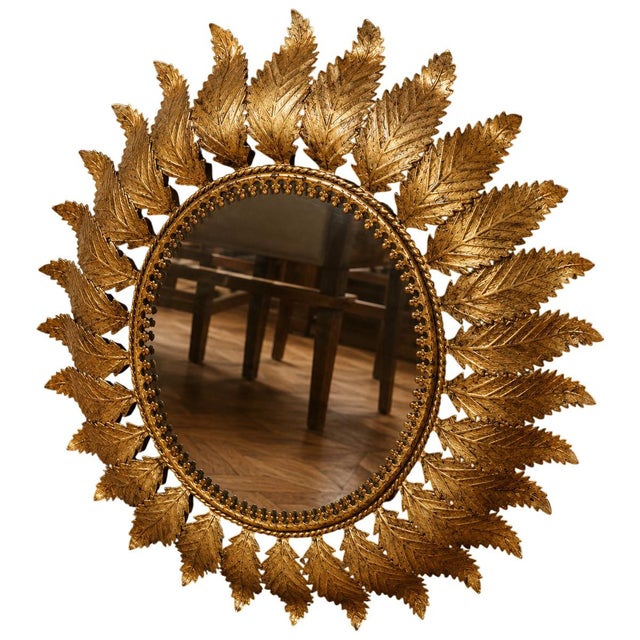 Sunburst Mirror in Gilt Metal with Leaf Decoration Work, 1960s For Sale - Image 6 of 6