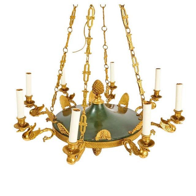 Traditional Mid 20th Century Empire Style Gilt and Green Metal Eight Light Chandelier With Bird Motif For Sale - Image 3 of 5