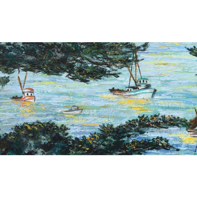 A gorgeous mid century landscape of boats sailing along the Monterey, California coastline by Virginia Shackles (American,...