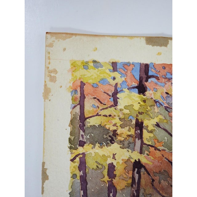 1920s 1927 Plein Air Autumn Forest Landscape Watercolor Painting For Sale - Image 5 of 7