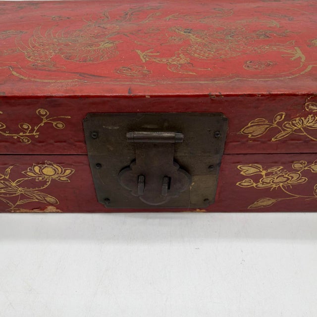 Chinese Vintage Chinese Gilt Red Lacquer Leather Document Box With Dragon & Phoenix For Sale - Image 3 of 14