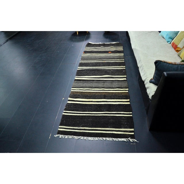 Vintage Tribal Turkish Black Kilim Runner Rug For Sale - Image 4 of 11