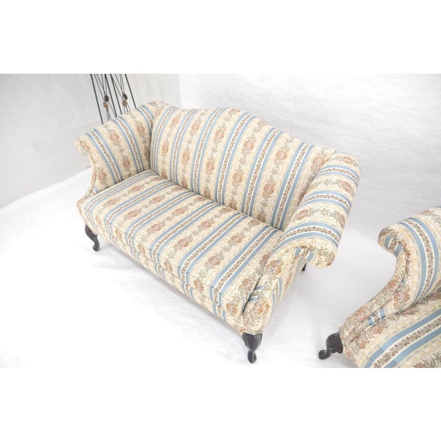Wood Pair of Camelback Loveseat Blue & White Striped & Floral Upholstery MINT! For Sale - Image 7 of 18
