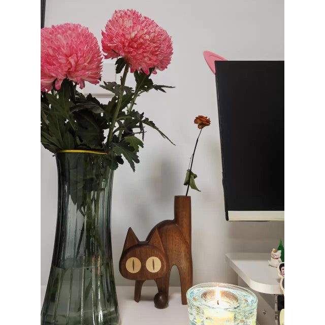 Mid-Century Modern Whimsical Handmade Wood Cat Figurine Bud Vase For Sale - Image 3 of 5
