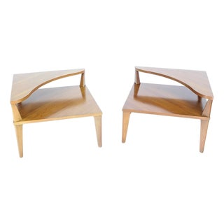 Mid 20th Century Pair of Large Square Light Walnut Step Corner End Tables Stands John Stuart MINT For Sale