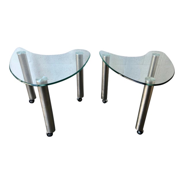 Late 20th Century Kidney Shape Glass Side Tables With Casters (A Pair) For Sale