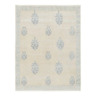 Contemporary Block Print Sky Blue Natural Silk Rug by Rug & Kilim, India For Sale